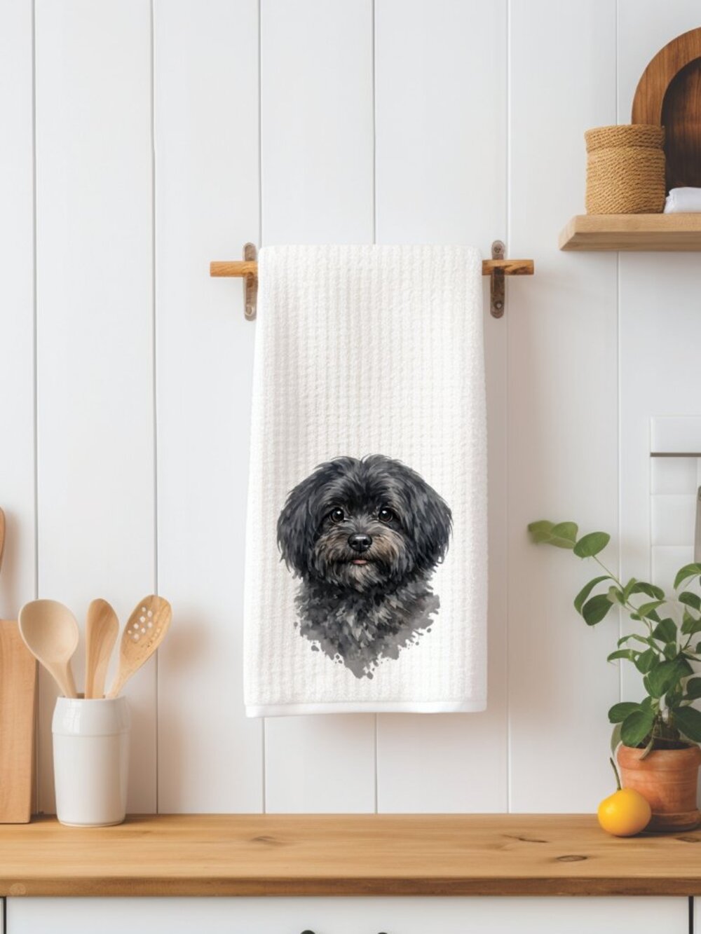 Black Havanese Dog Waffle Weave Decorative Kitchen Tea Towel